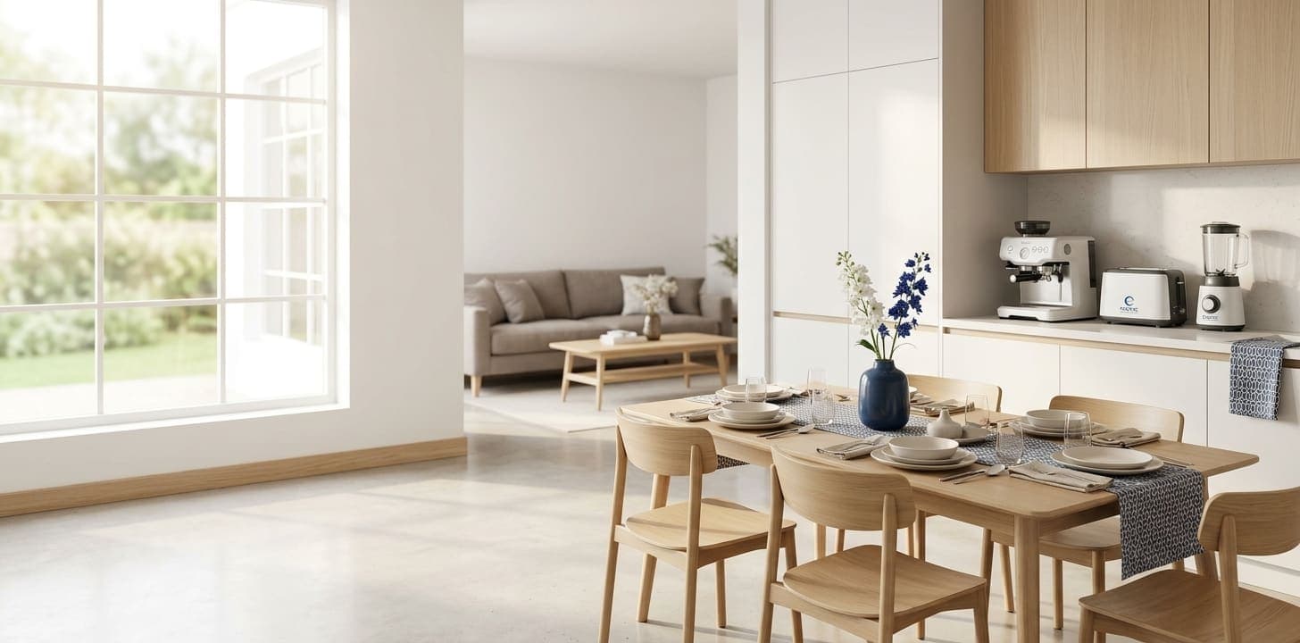 Bright open-plan home with a set dining table and kitchen appliances