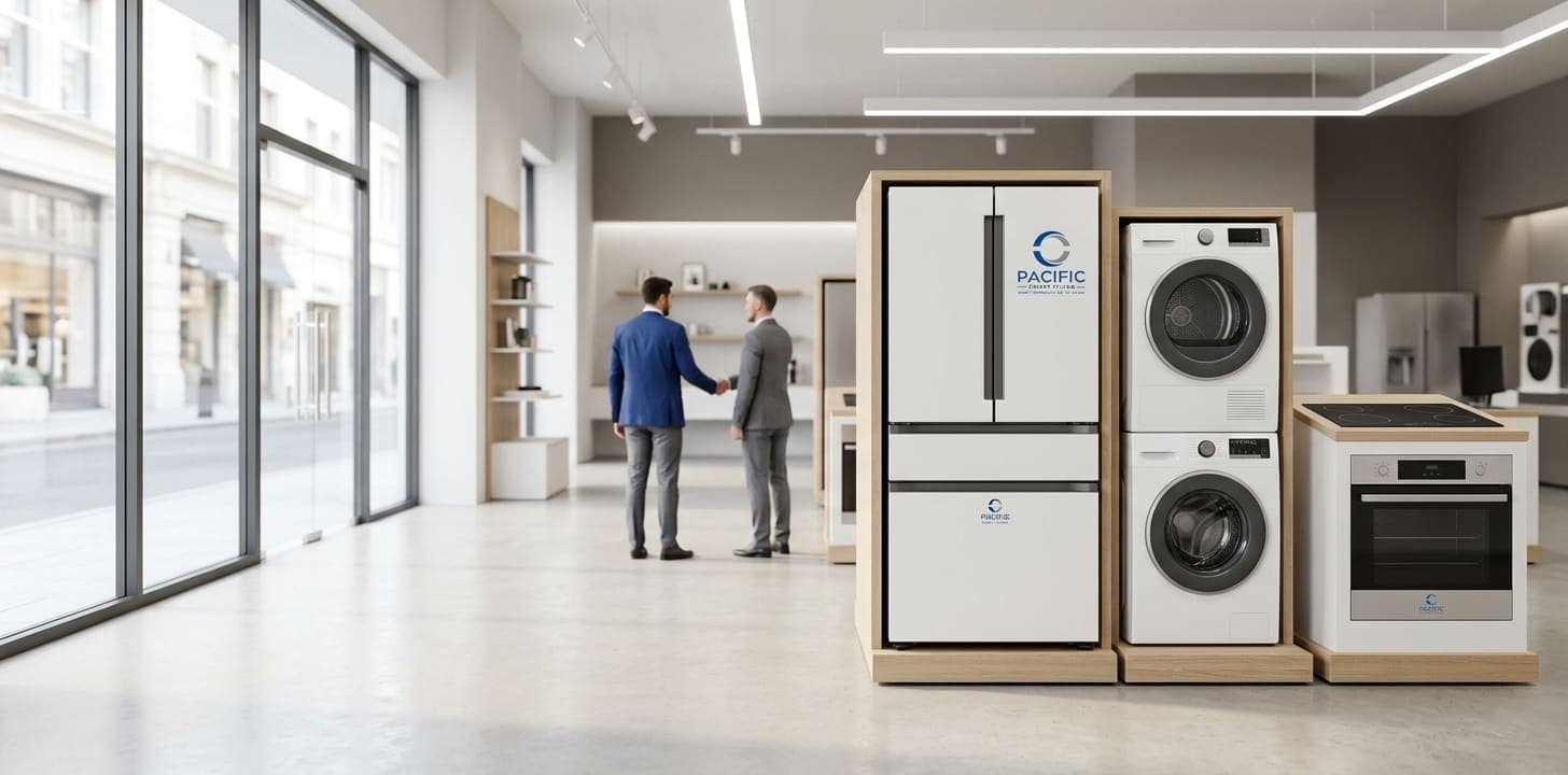 Appliance showroom with a dealer partnership handshake