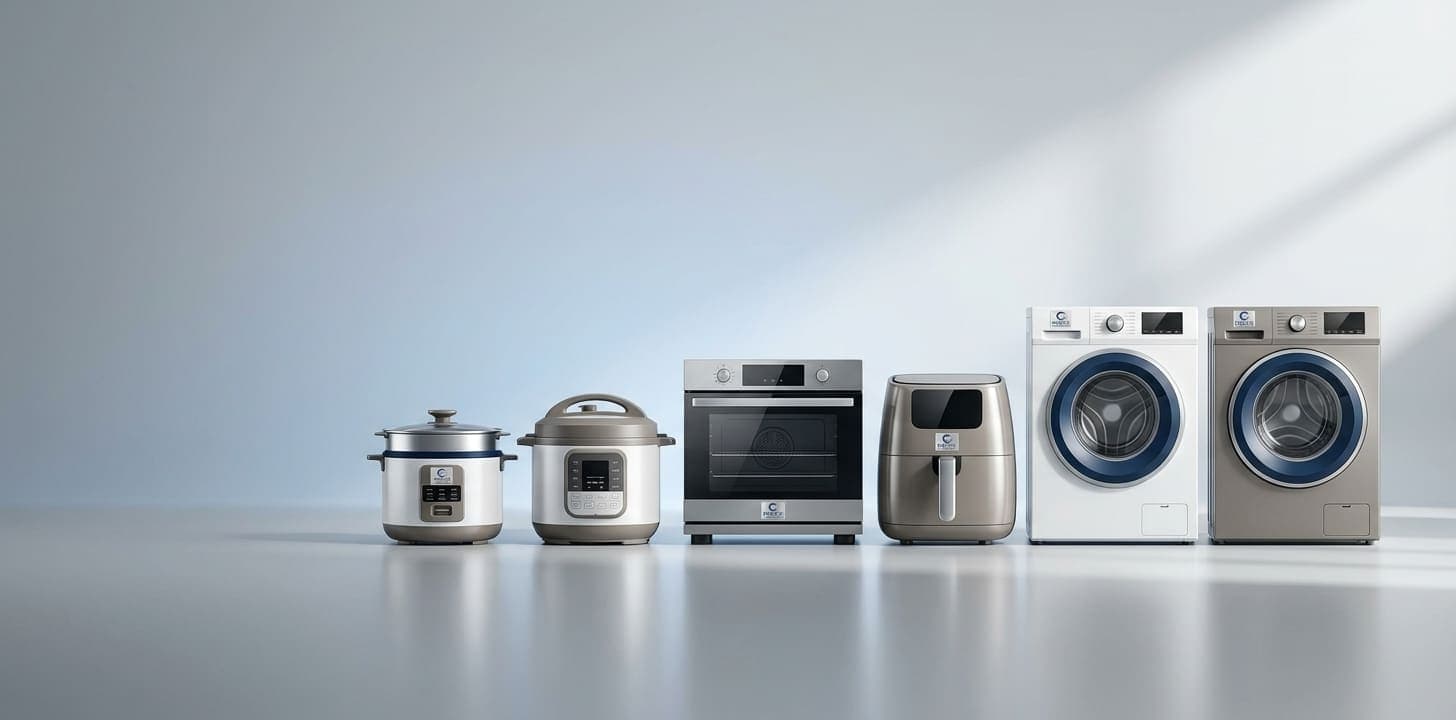 Pacific cookers, oven, air fryer, and washing machines in a row