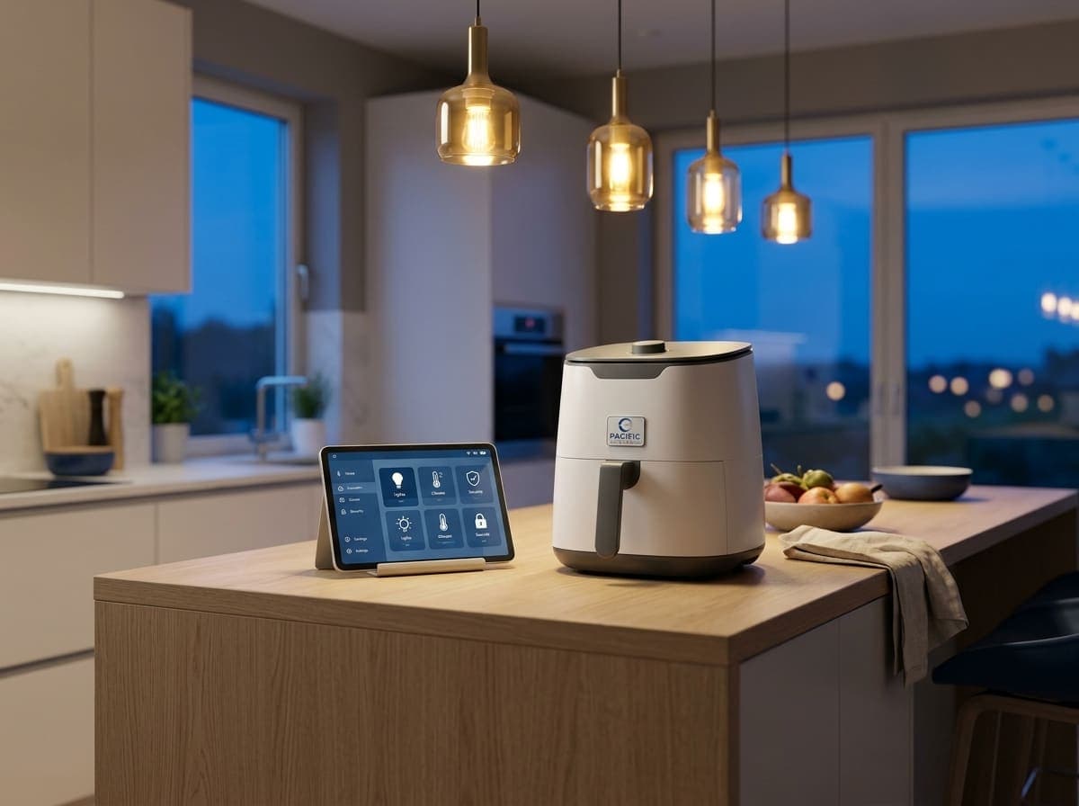 Modern smart kitchen with a Pacific air fryer and smart-home tablet